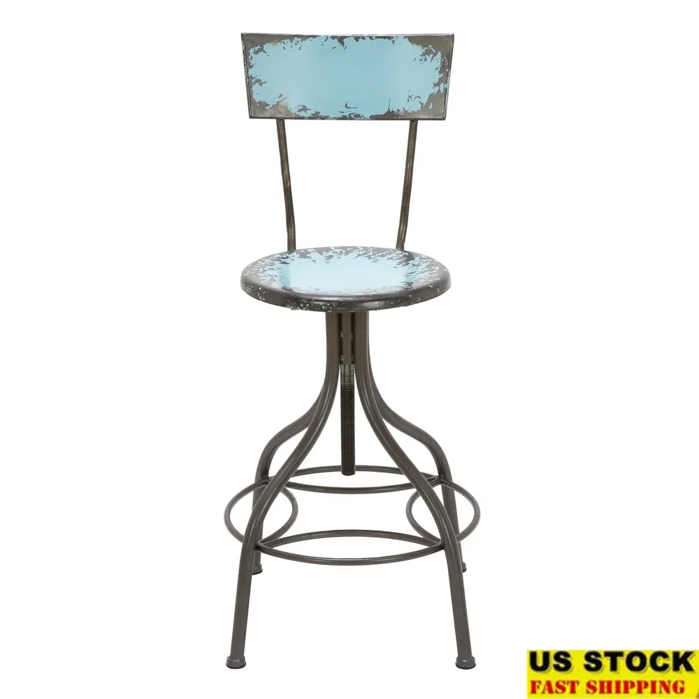 

Vintage Metal Bar Stool with Backrest Indoor Swivel High Back Design Kitchen Chair Rustic Teal Finish Sturdy Iron Frame 250lbs