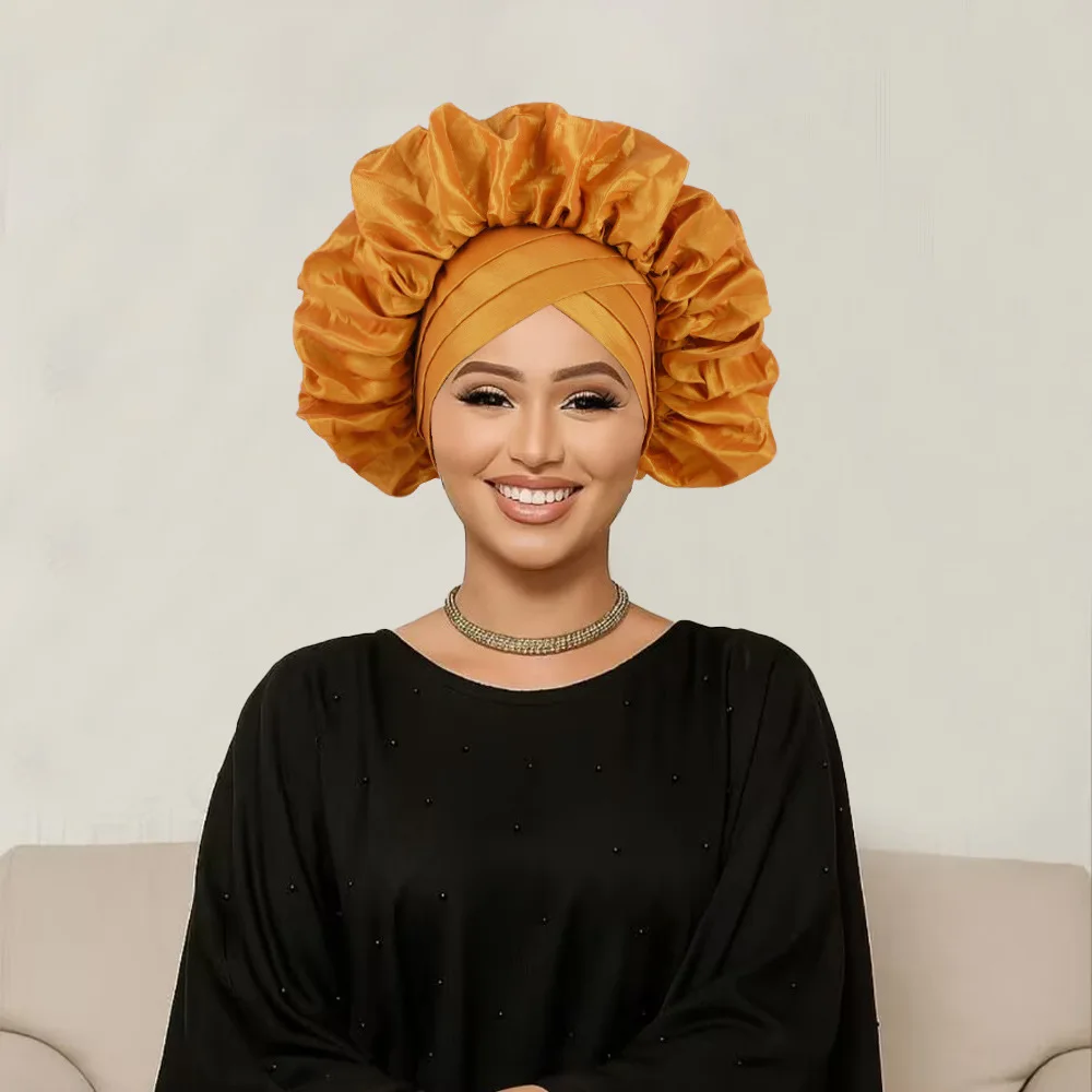 Vendita calda Front Cross Auto Gele già realizzato Copricapo africano Aso Oke Nigeria Ruffles Cap Cravatta per la testa Turbante Copricapo da donna da sposa