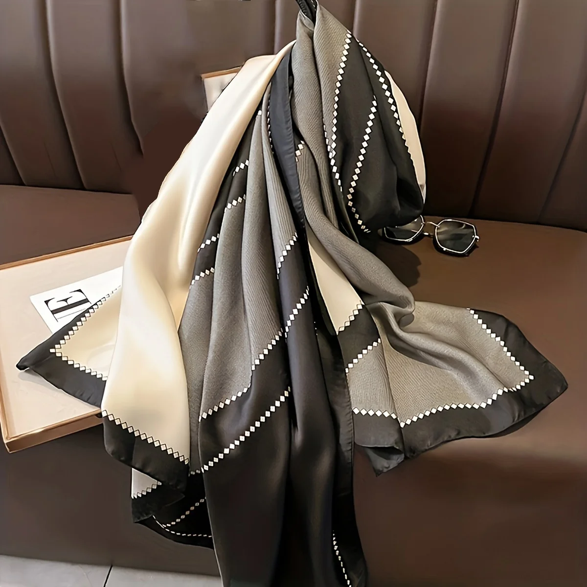 Large Satin Shawl Lightweight Geometric Stitching Wrap Elegant Breathable Bandana Casual Sunscreen Scarf For Women