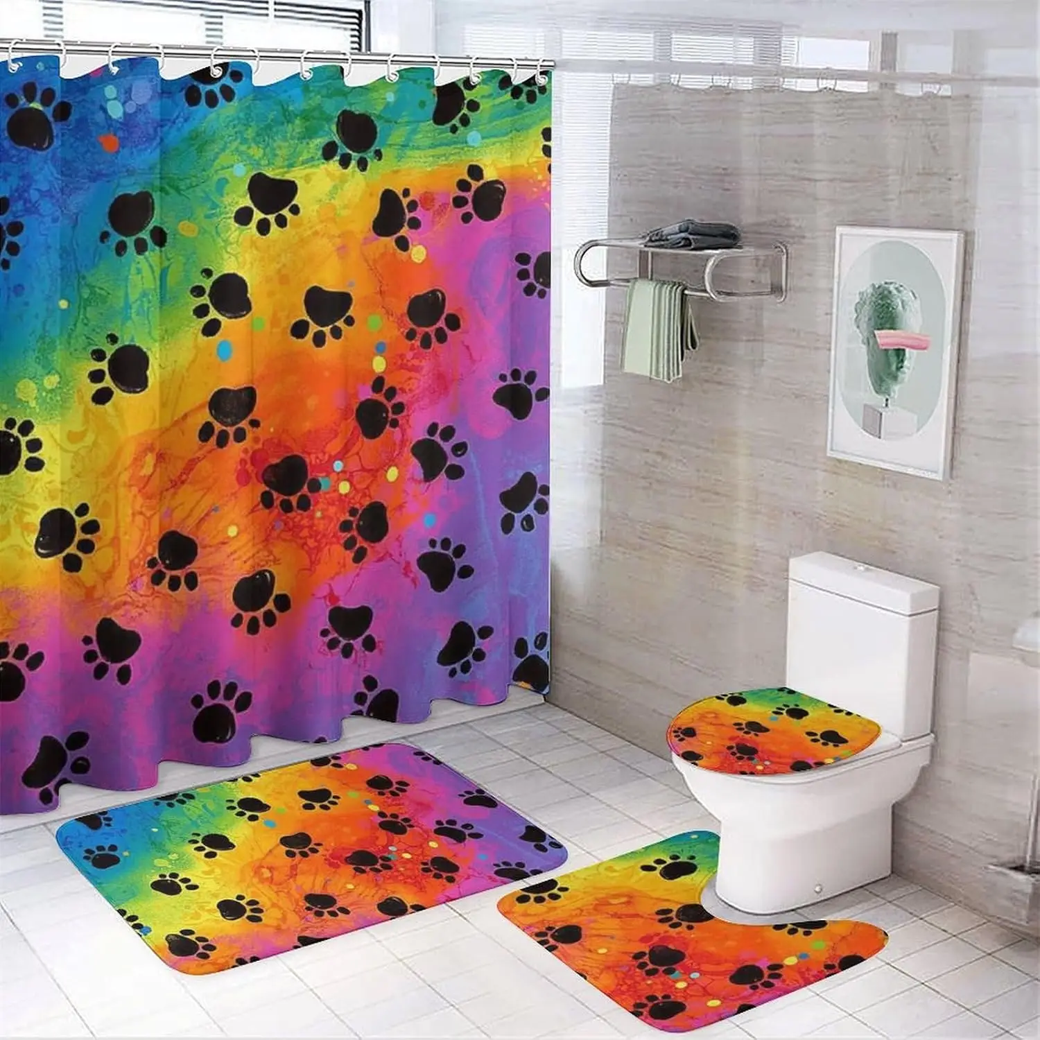 

Набор для ванной комнаты Rainbow Paws из 4 предметов с коралловыми флисовыми ковриками, крышкой унитаза и водонепроницаемой занавеской для душа из ткани Оксфорд для дома