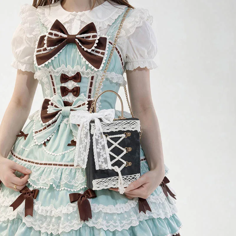 Japanese Original Lolita Ancient Princess Style Bowknot Handbag Cylinder Bag For Women's Soft Girl Bag Sweet Cute Box Bags