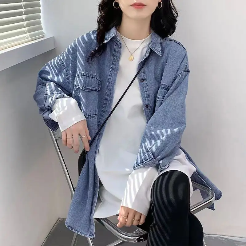 spring autumn Turn-down Collar fashion Long Sleeve shirt women Solid color High street Button Cardigan elegant mid-length tops