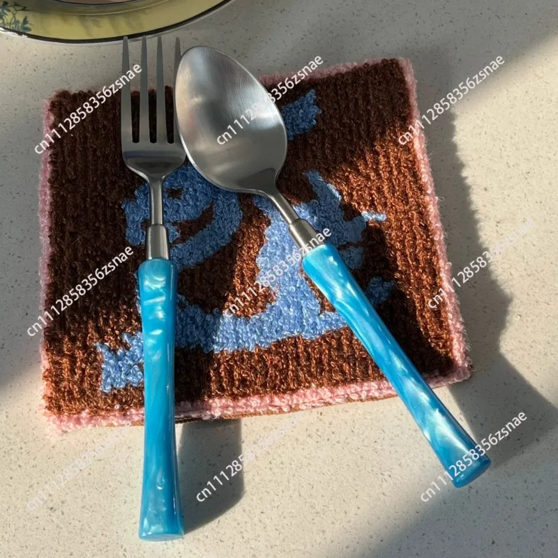 Glacier fork spoon set, acrylic glossy, transparent lake blue metal texture tableware