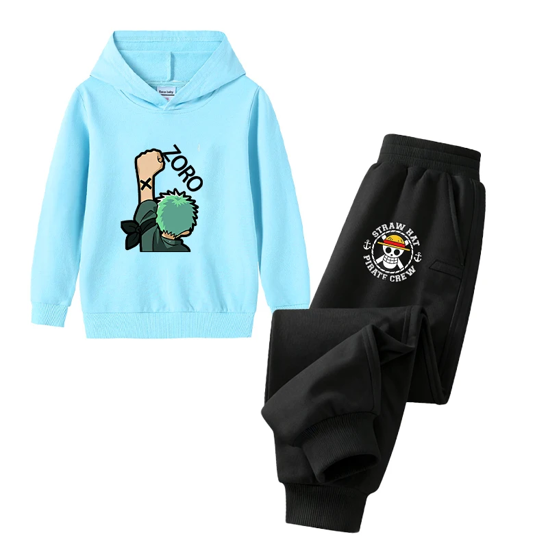 ONE PIECE LUFFY BOY Hooded Sweatshirt 2pcs Set Anime Clothes Suit Children Cartoon Pullover Sweatshirt Fashion Kid Clothing Tops 2