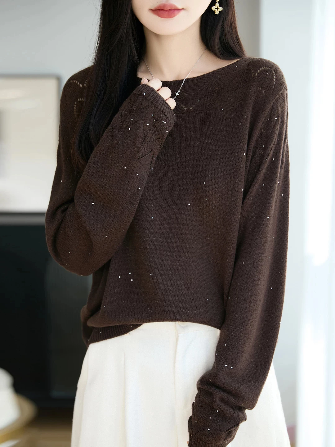 Shiny Sequin Silk Cotton Knitted Sweater Women's Loose Fit round Neck Design Sensation Heavy Work Autumn Top