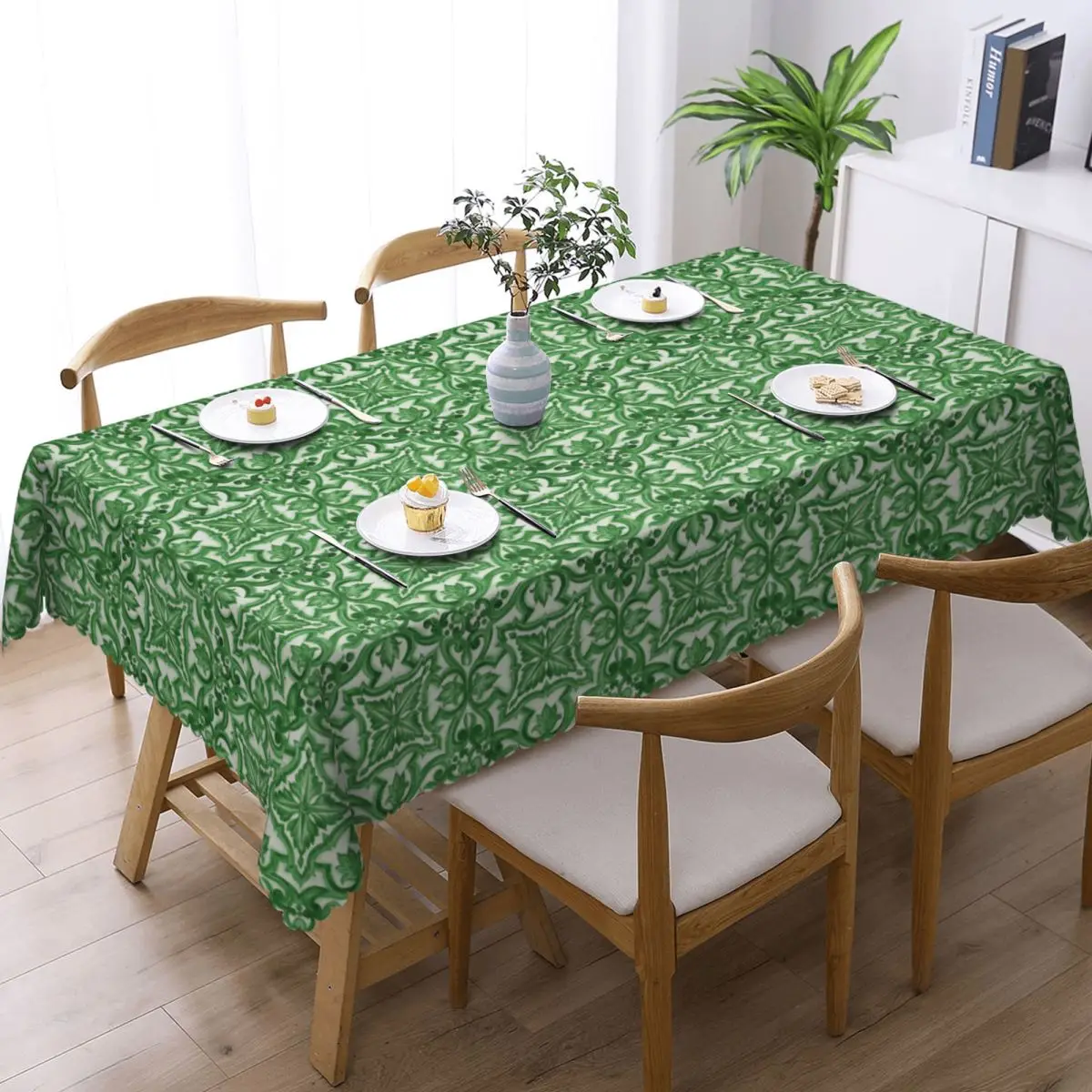 Green Ornate Floral Mediterranean Sicilian Tile Tablecloth Restaurant Kitchen Rectangular Tablecloth Decorations Table Cover