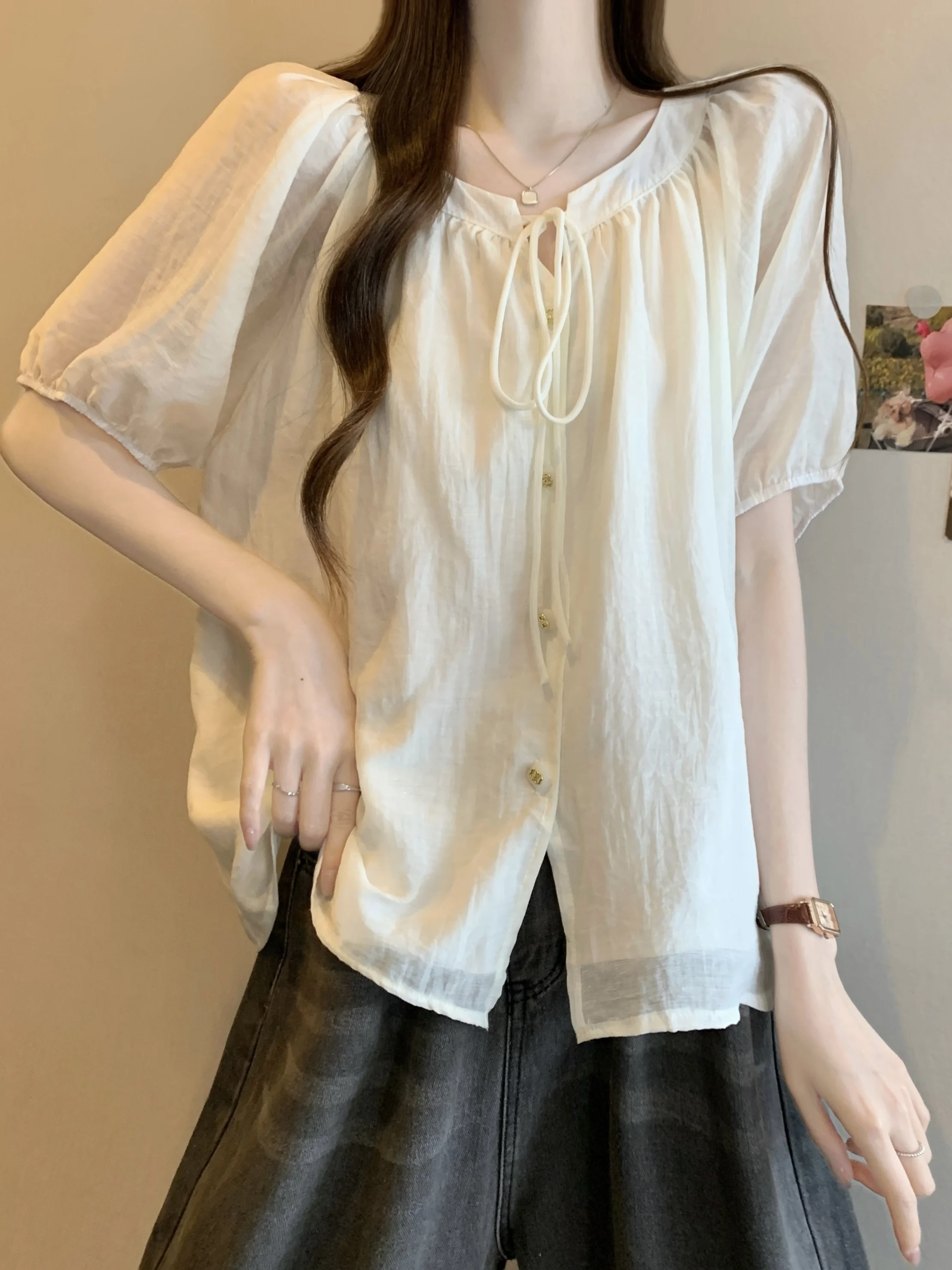 

Korean Style Pure Color Short Sleeve Open Cardigan Shirt Trendy Women's Fashion Spring Summer Seasonal Design Belted Top