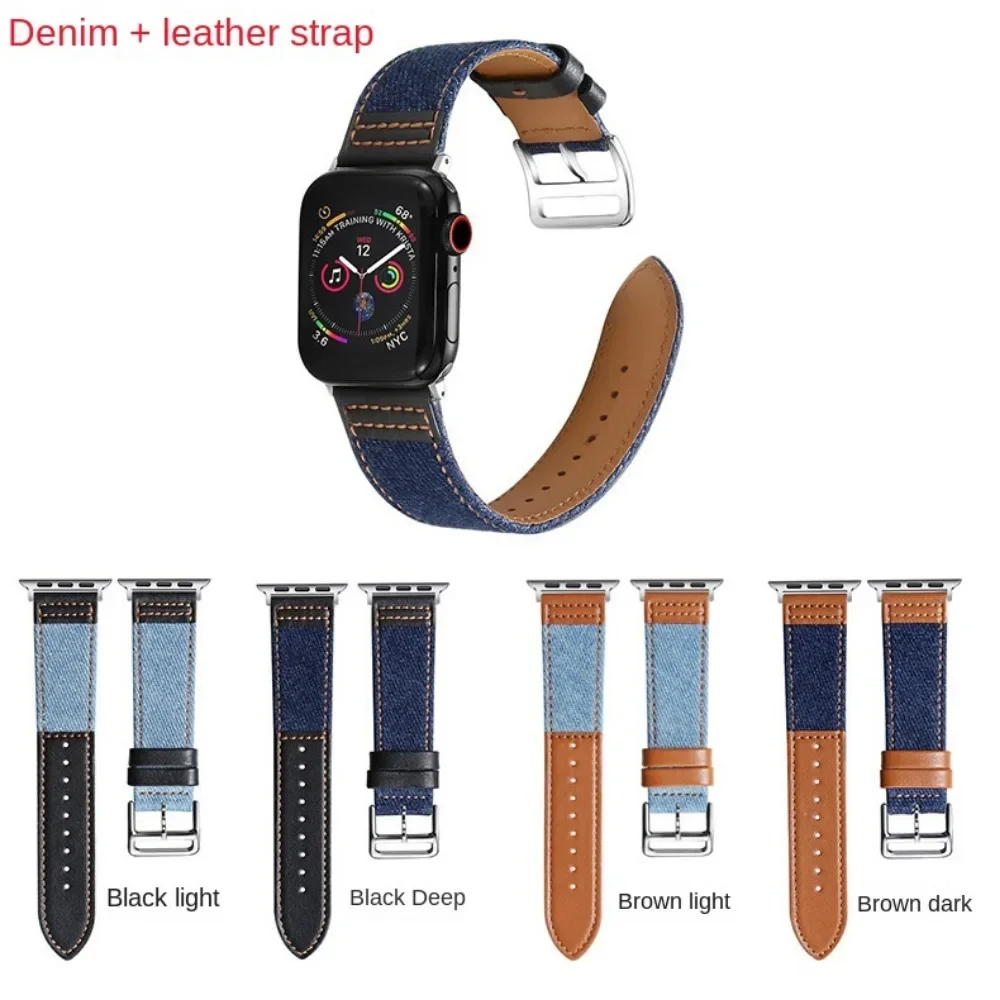 5pcs Watch Bands Applicable Apple Watch 7 Generation Canvas Watches with Apple Denim Leather Strap IWatch Denim Watches