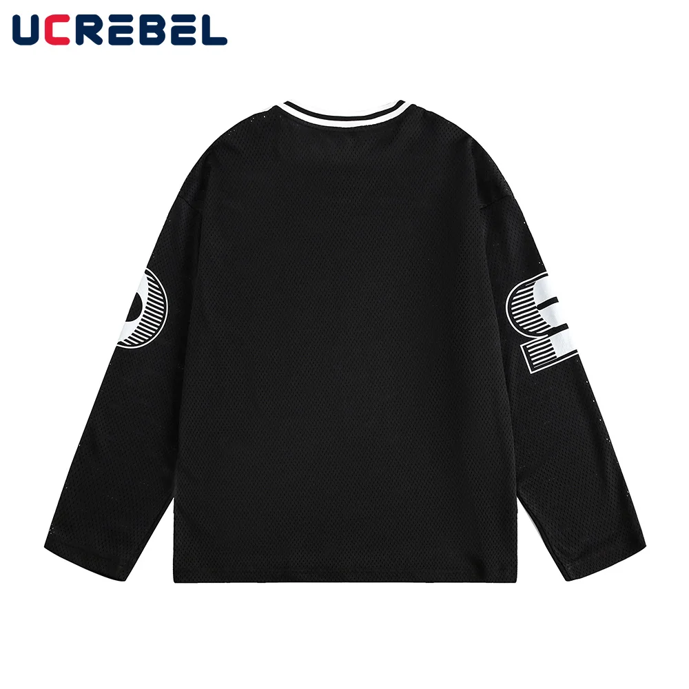 Letter Print Mesh Sweatshirts Mens Autumn Streetwear Loose V-neck Long Sleeve Casual Jersey Men