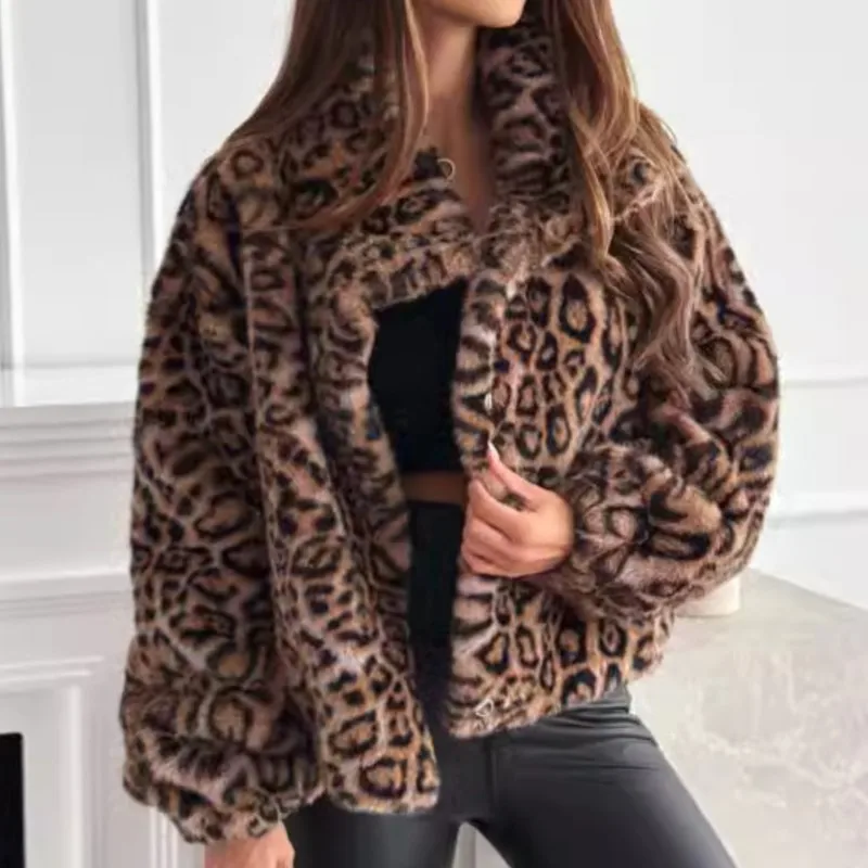 

2025 новое модное теплое короткое пальто, модное леопардовое женское пальто с длинными рукавами, зимняя уличная одежда, женские топы с отложным воротником