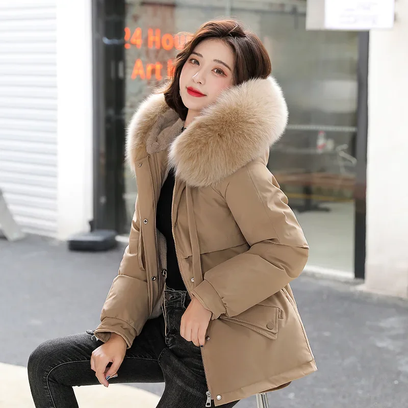 

Autumn Winter Women Warm Hooded Parkas Windproof Thick Furry Collar Zipper Cotton Coats Solid Colors Plush Comfort Down Jacket