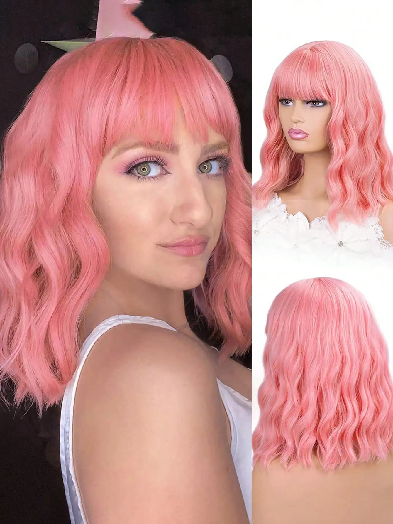 باروكات صناعية للنساء شعر مستعار قصير مموج ومجعد مع غرة بطول الكتف 14 بوصة، شعر مستعار صناعي مموج عصري