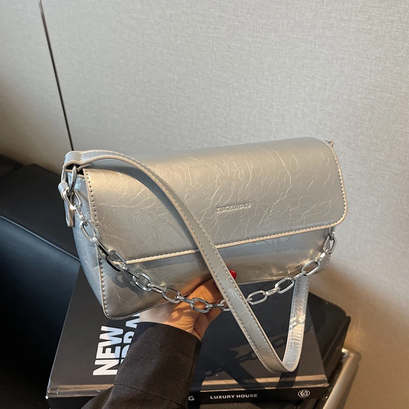 

Brand Women's Shoulder Bag 2025 Chain Underarm Purse And Handbag Women Silver Clutch Pu Leather Lady Satchel Flap Crossbody Bags