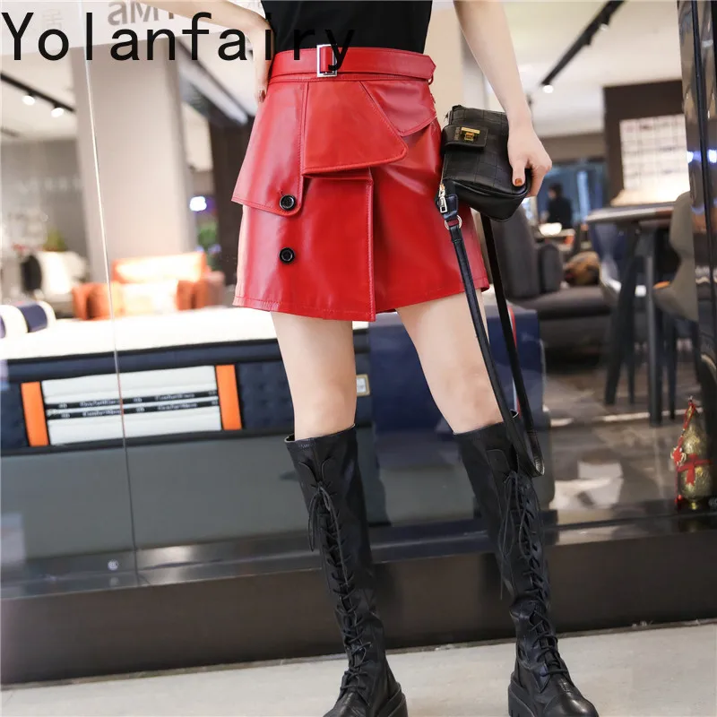 YOLANFAIRY 2026 Autumn Red Genuine Sheepskin Leather Skirt Women High Waist Slim Asymmetrical A Line Mini Real leather Skirts