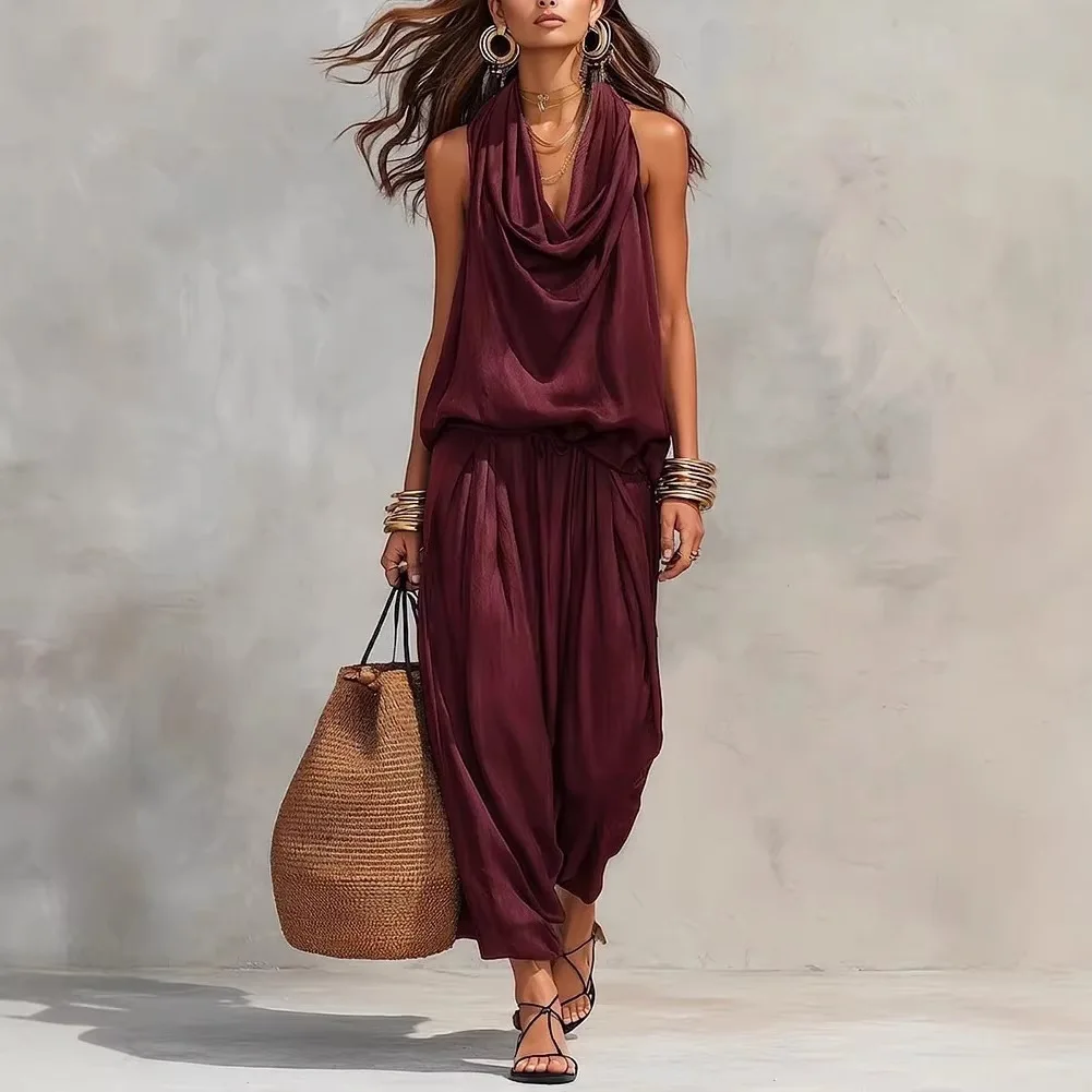 

Women Vintage Solid Pant Sets Sexy Swinging Collar Tops Loose Tank Top Wide-leg Trousers Two Piece Set Fashion Streetwear Summer