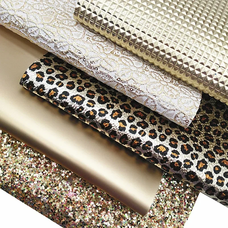 Gold Glitter Leather Sheets Grid Floral Embossed Synthetic Leather Smooth Matt Patent Leather Leopard Vinyl For DIY 21x29CM Y474