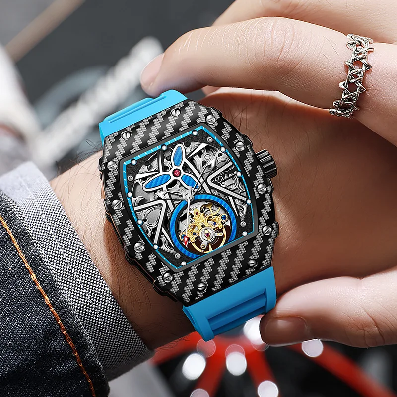 Luxury Brand Men Automatic Mechanical Tourbillon Watch Fashion Skeleton Luminous Wine Barrel Case Rubber Strap