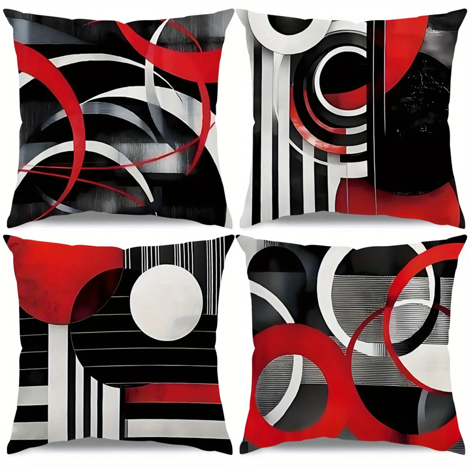 1PC 2D Flat Modern Red Black White Abstract Geometric Throw Pillow Covers Non-real Embroidery, Machine Washable