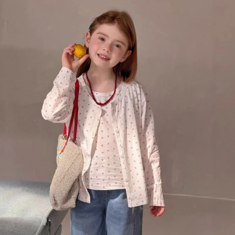 26 Spring Summer Cute Girls 2Piece Vest Set New Daily Kids Cherry Print Cardigan Baby Sunscreen T-Shirt Cotton 3-12 Years Outfit