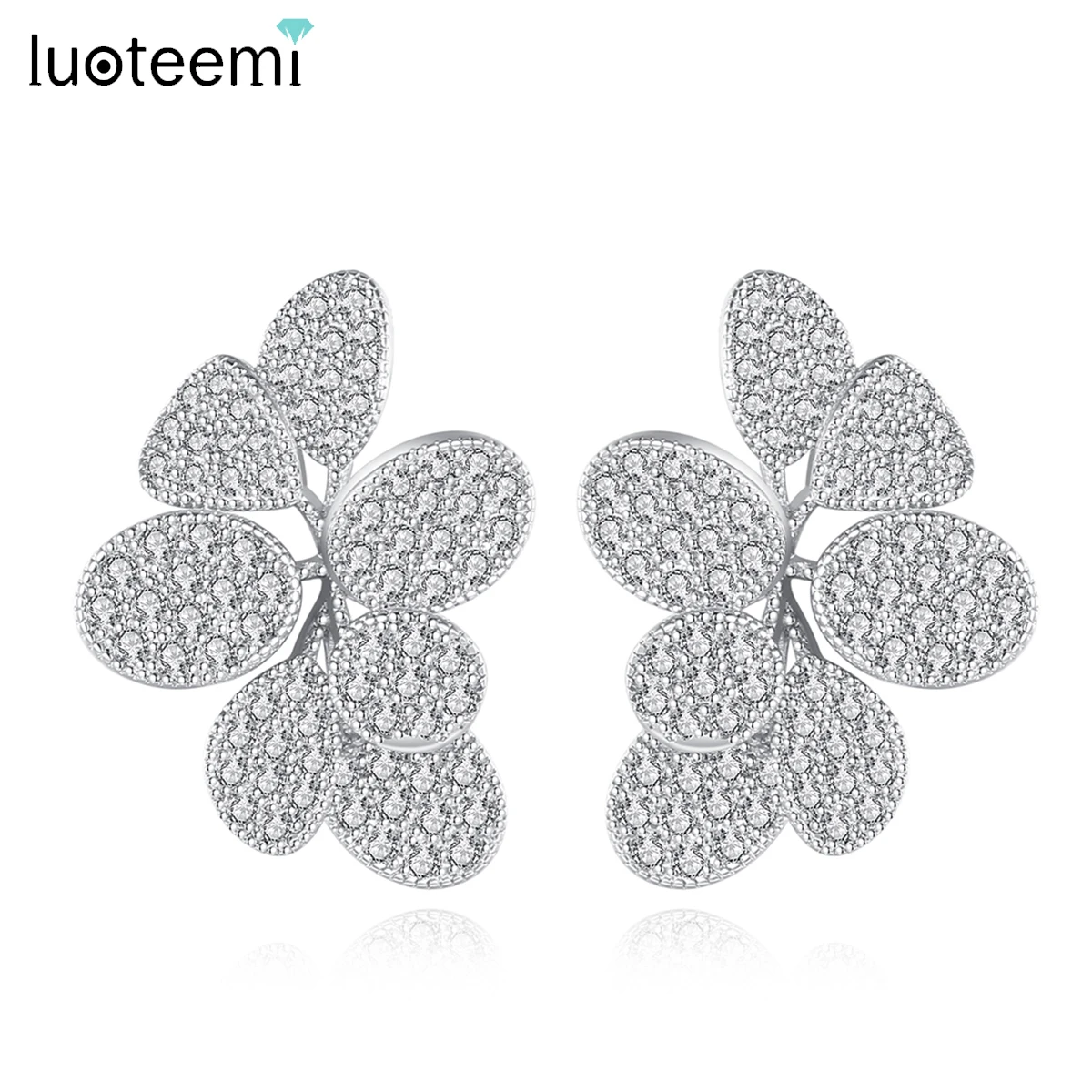 LUOTEEMI Leaf Shape Big Stud Earrings for Women Unique Flower Design CZ Earrings Luxury Bridal Wedding Jewelry Christmas Gift