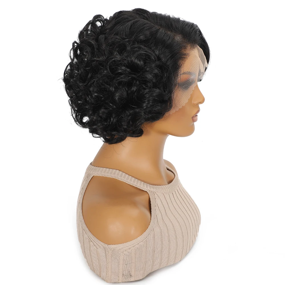 Short Curly Grey Wavy Wig Synthetic Brown Hair T-Part Lac Wig for Women's Daily Wear 13x5 Inch Fashionable Hairpiece