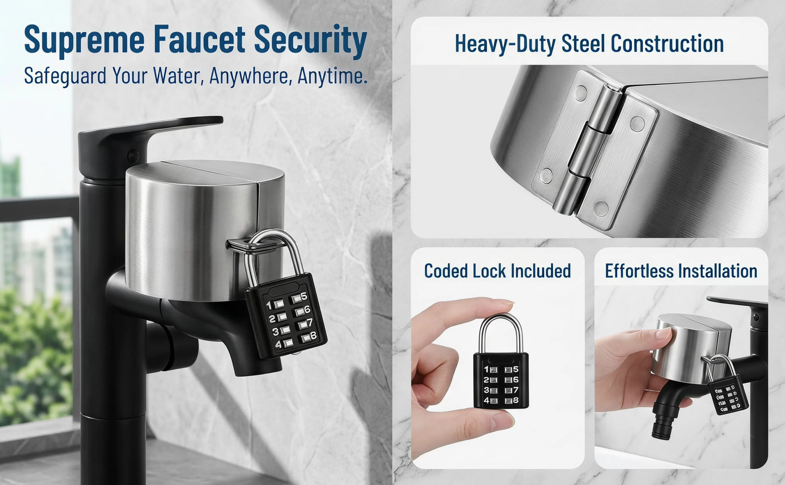 1Set Outdoor Spigot Lock Stainless Steel Water Spigot Locks Garden Hose Lock Coded Padlock Universal Fit Winter Faucet Protector