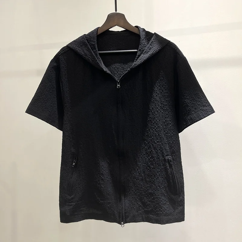 

Summer Zipper Men Short Sleeve Hooded T Shirt Fashion All-match Black Casual Oversized Clothing Streetwear Daily Shopping Sports