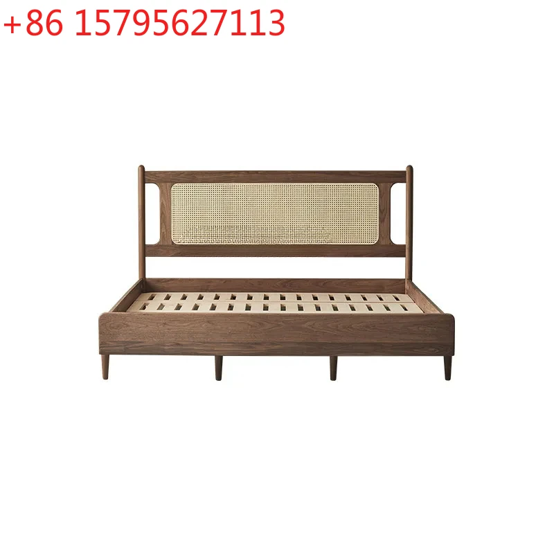 

Кровать из массива дерева в скандинавском современном минималистичном стиле, цвет черный орех, с ротанговыми элементами, ретро-дизайн, двуспальная кровать для главной спальни, новый китайский стиль