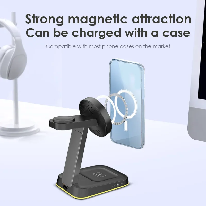 แท่นชาร์จไร้สายแบบแม่เหล็ก3 in 1ไฟ LED แท่นชาร์จเร็วสำหรับ iPhone 15 14 13 12 PRO MAX Apple Watch airpods