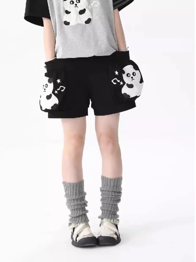 Pantalones cortos de algodón japonés Lolita para mujer, pantalones cortos informales bonitos y estéticos Y2k con cintura elástica Kawaii, bordado de Panda, verano