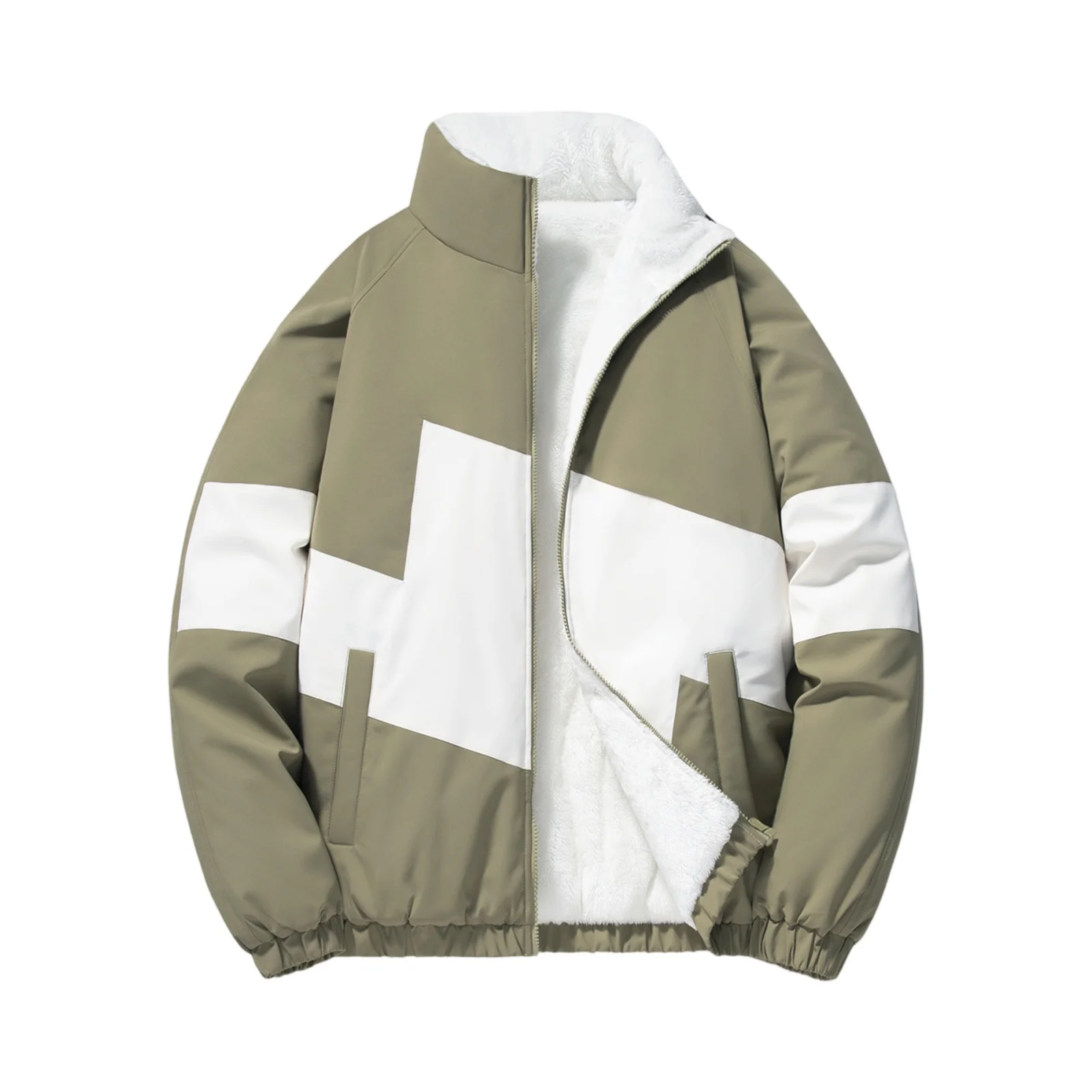 

Men'S Warm Thick Cotton Jacket With Velvet Lining Windproof And Color Blocked Stand Up Collar Cotton Jacket Jacket