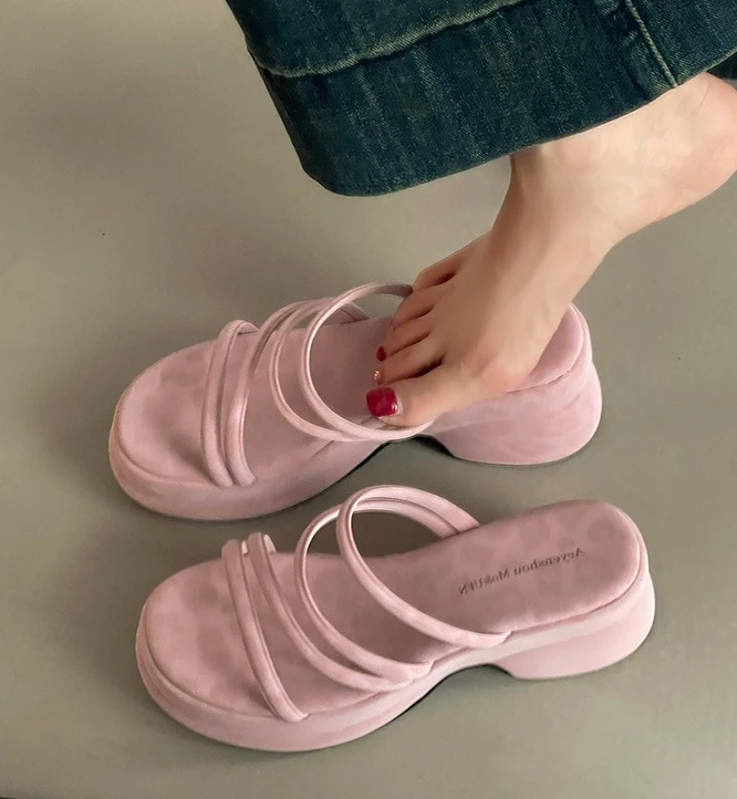 

Summer Platform Heel Women Slippers Fashion Open Toe Narrow Band Slide Ladies Elegant Street Style Shoes Fashion Sandals Slides