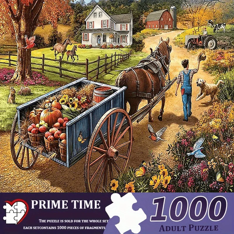 1000ピース特大ジグソーパズル - 馬車、納屋、カボチャ、ヒマワリが描かれたヴィンテージ農場の風景 - 挑戦的なパズル