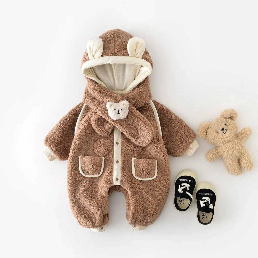 2023 Autumn and Winter Korean Onesie Casual Hooded Thick Warm Newborn Boys and Girls Baby Crawling Clothes + neckerchief