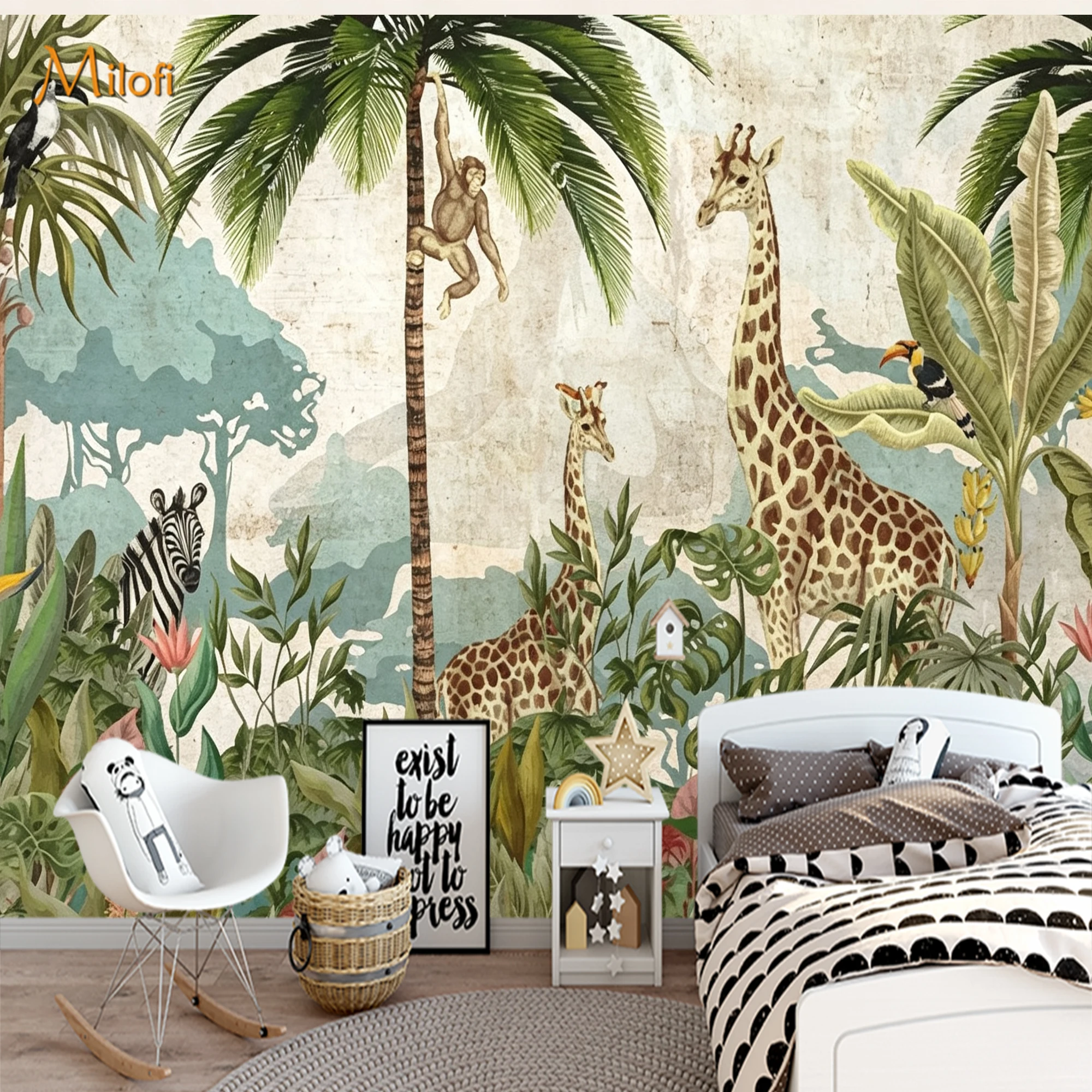Custom Safari Wall Mural Wallpaper Giraffe  Monkey Tropical Jungle Plant Pattern for Children Kids Bedroom Living Room Wall Deco