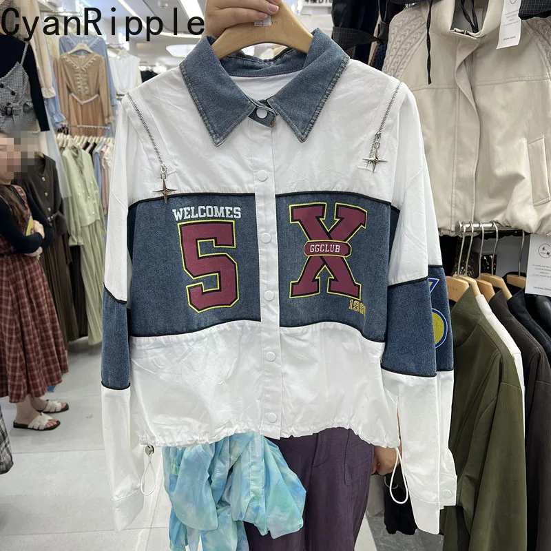 American Contrast Color Denim Splicing Long Sleeve Women Shirt Letters Printed All-match Loose Turn-down Collar Cardigans Top
