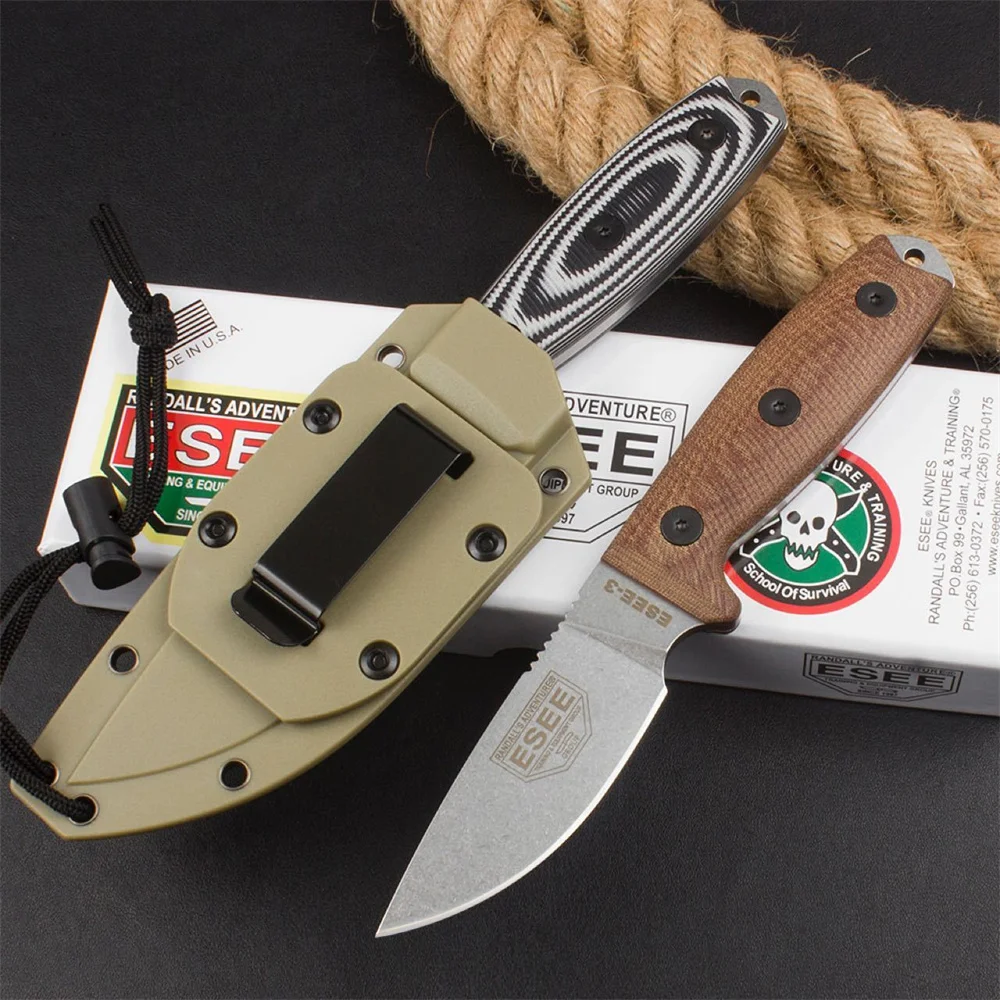 ESEE-3 Fixed Blade Knife Rowen Tactical Outdoor Knife Black and White G10/Brown Linen Handle Camping EDC Survival Hunting Tool