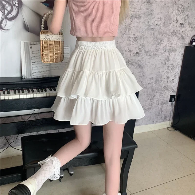 Sweet Cake A-line Skirt Black Women Cute Pleated Puffy Skirt Elastic Waist Preppy Style Solid Color Casual Korean Fashion Casual