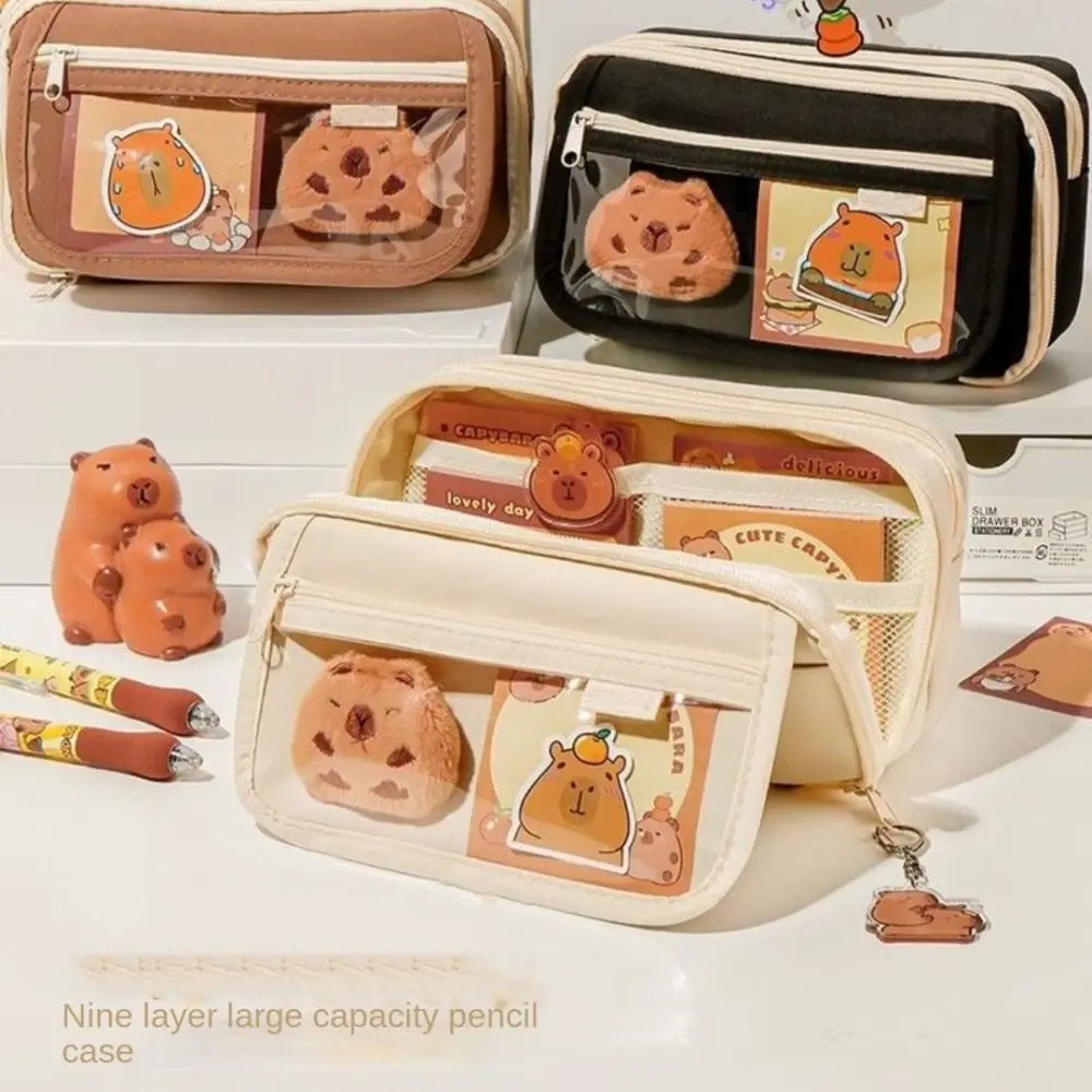 Capybara Transparent Pencil Case Large Capacity with Front Pocket Transparent Pen Bag Portable 9 Grid Stationery Box