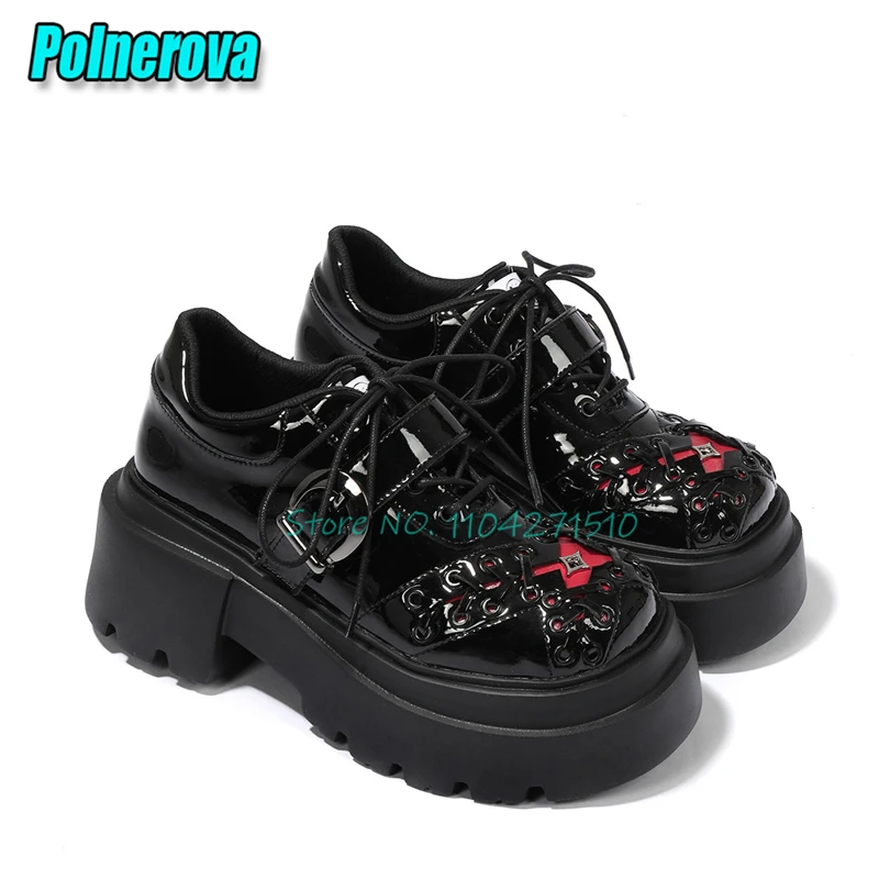 Summer Thick Soled Patent Leather Pumps for Women Punk Black Round Toe Metal Buckle Lace-Up Casual Shoes Fashion Derby Shoes