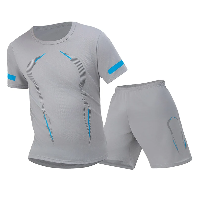 2 Pcs Men's Mesh Breathable Quick-drying Sports Suit Loose Plus Size Running Fitness Mountaineering Casual Short-sleeved Shorts image 3