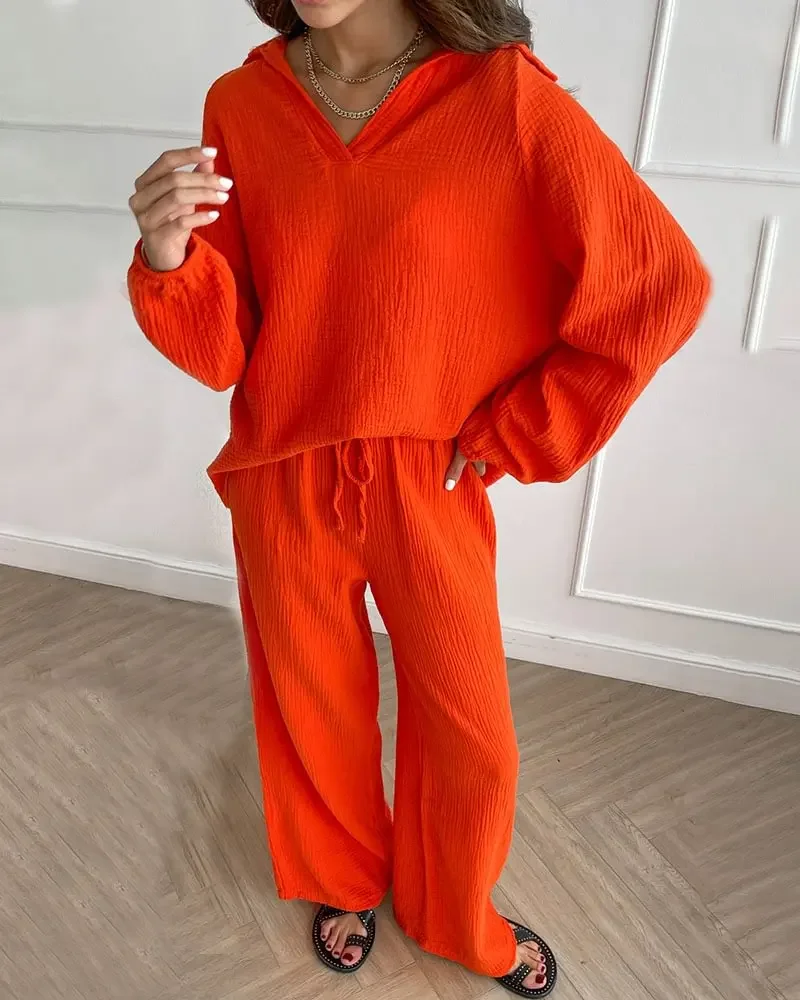 Hot Sale Women Casual Loose Pullover Two Piece Set V-Neck Lace-Up Top Drawstring Wide Leg Pants Solid Color Soft Suits