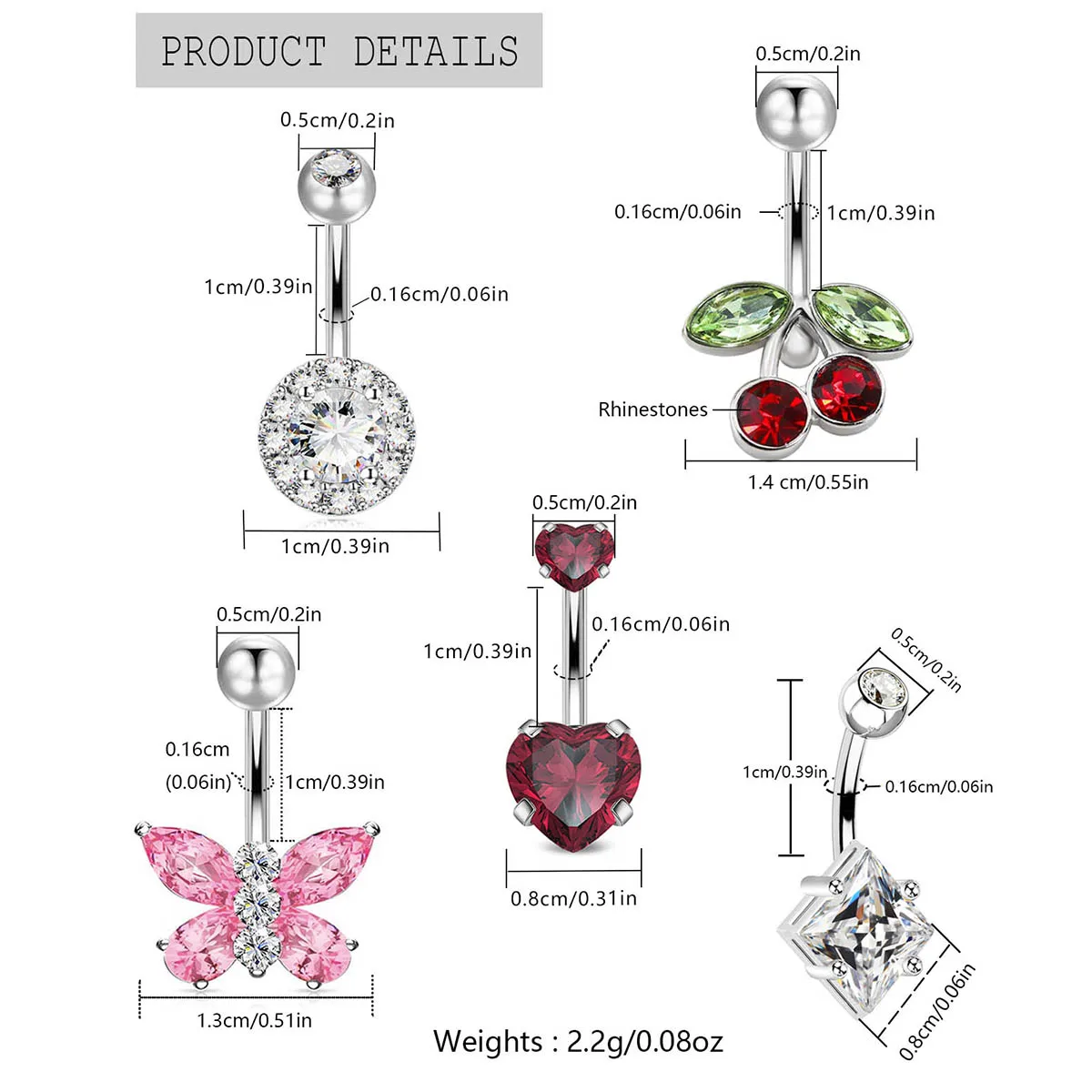 3pcs/Set Stainless Steel Color Cubic Zirconia Navel Rings Round Butterfly Heart Cherry Shapes Fashion Body Piercing Jewelry