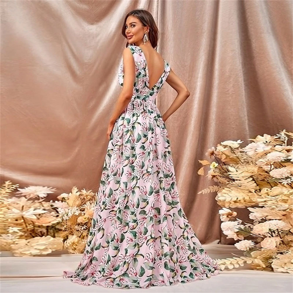 Vestido longo com estampa floral feminino, decote em v, sem mangas, cintura alta, festa, maxi, noite, vestidos de casamento, elegante, praia, verão, 2024