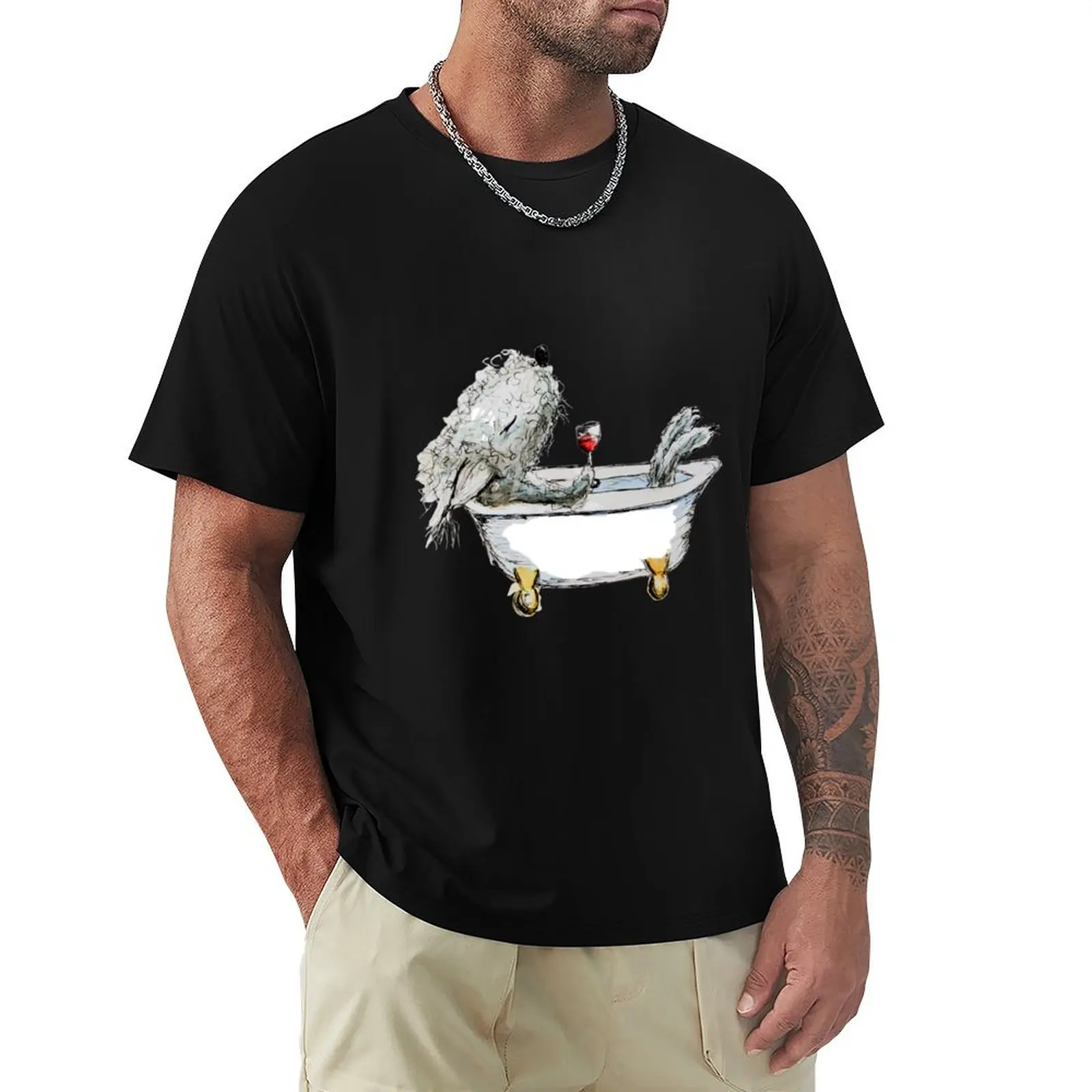 Bedlington Terrier Dog in a Bathtub T-Shirt Minimalist Casual Short Sleeve Top
