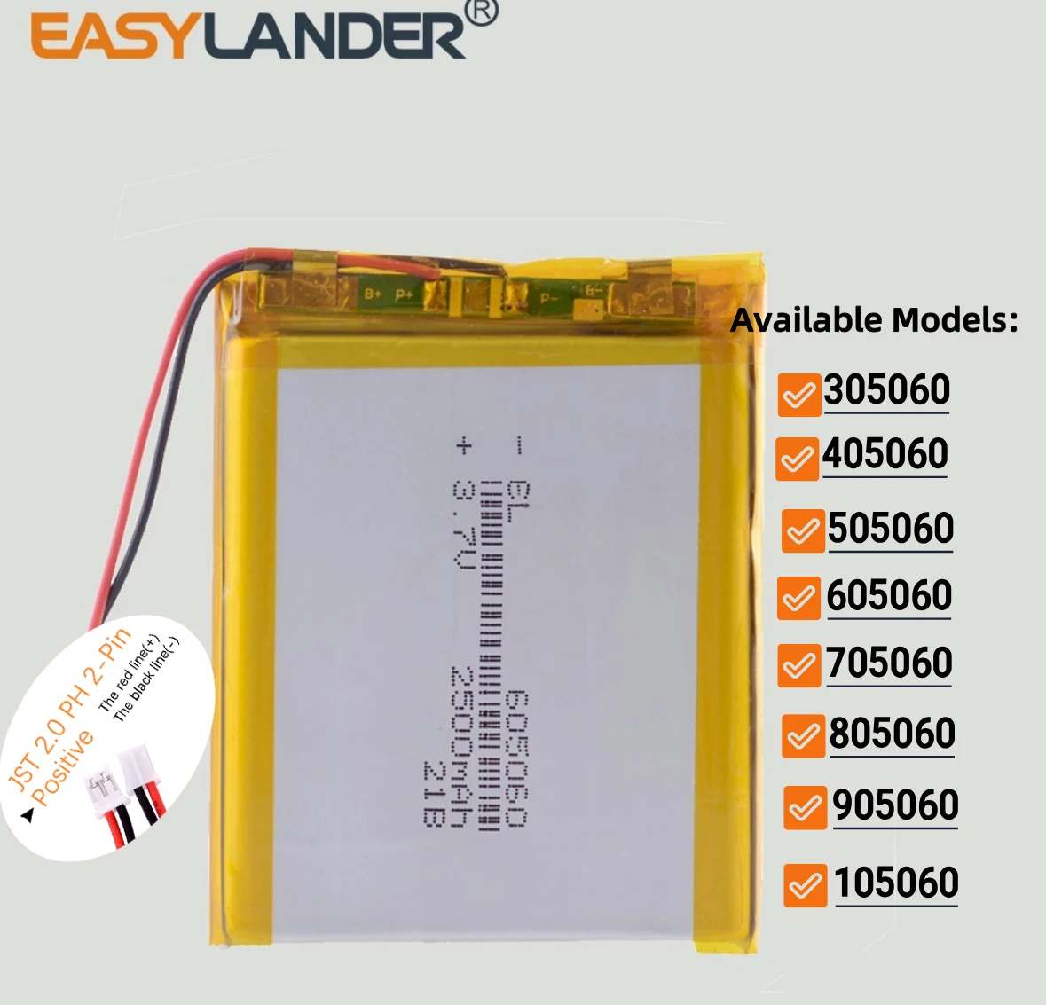 JST2.0mm 2Pin 605060 3.7V 2500mAh Rechargeable li-Polymer Li-ion Battery 305060 405060 505060 705060 805060 905060 105060 125060