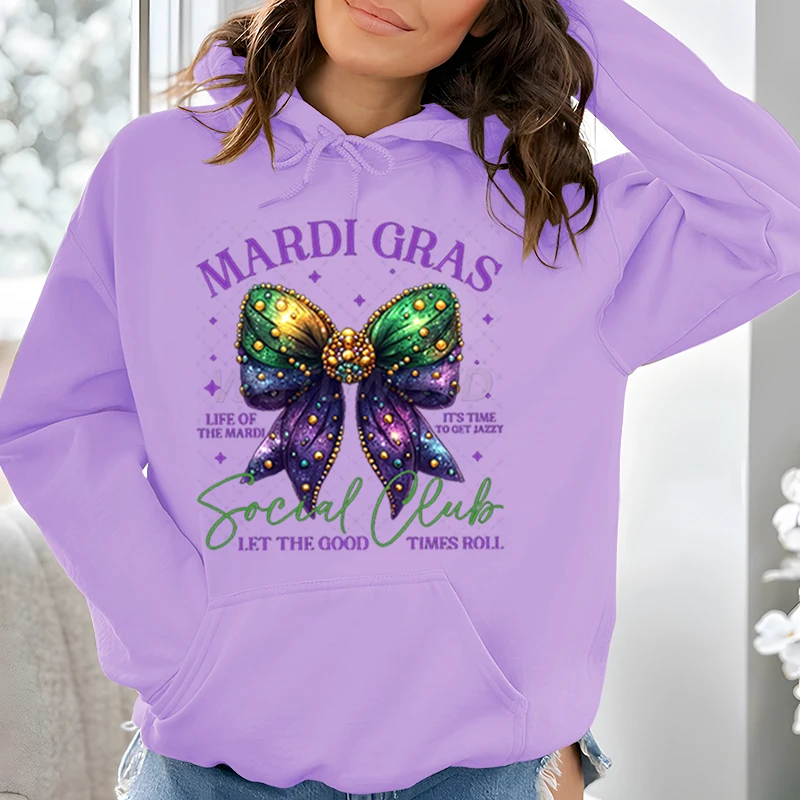 

Mardi Gras Coquette Bow Sweatshirt Hoodie Carnival Glitter Bow New in Hoodies Women Mardi Gras Social Club Classic Hooded Shirt