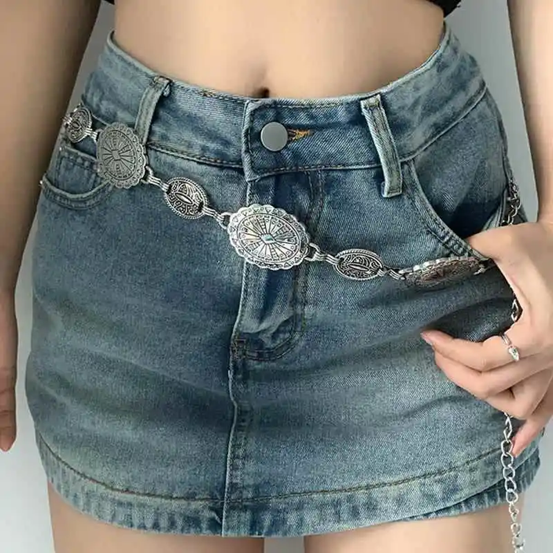 Fashionable Silver Ethnic Style Women's Dress Belt Simple Matching Chain Waist Link Casual Shiny Thread Embellished Metal Belt