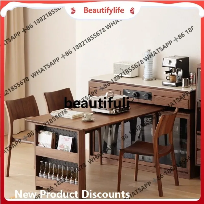Black walnut island dining table integrated household small apartment retractable rotating folding table