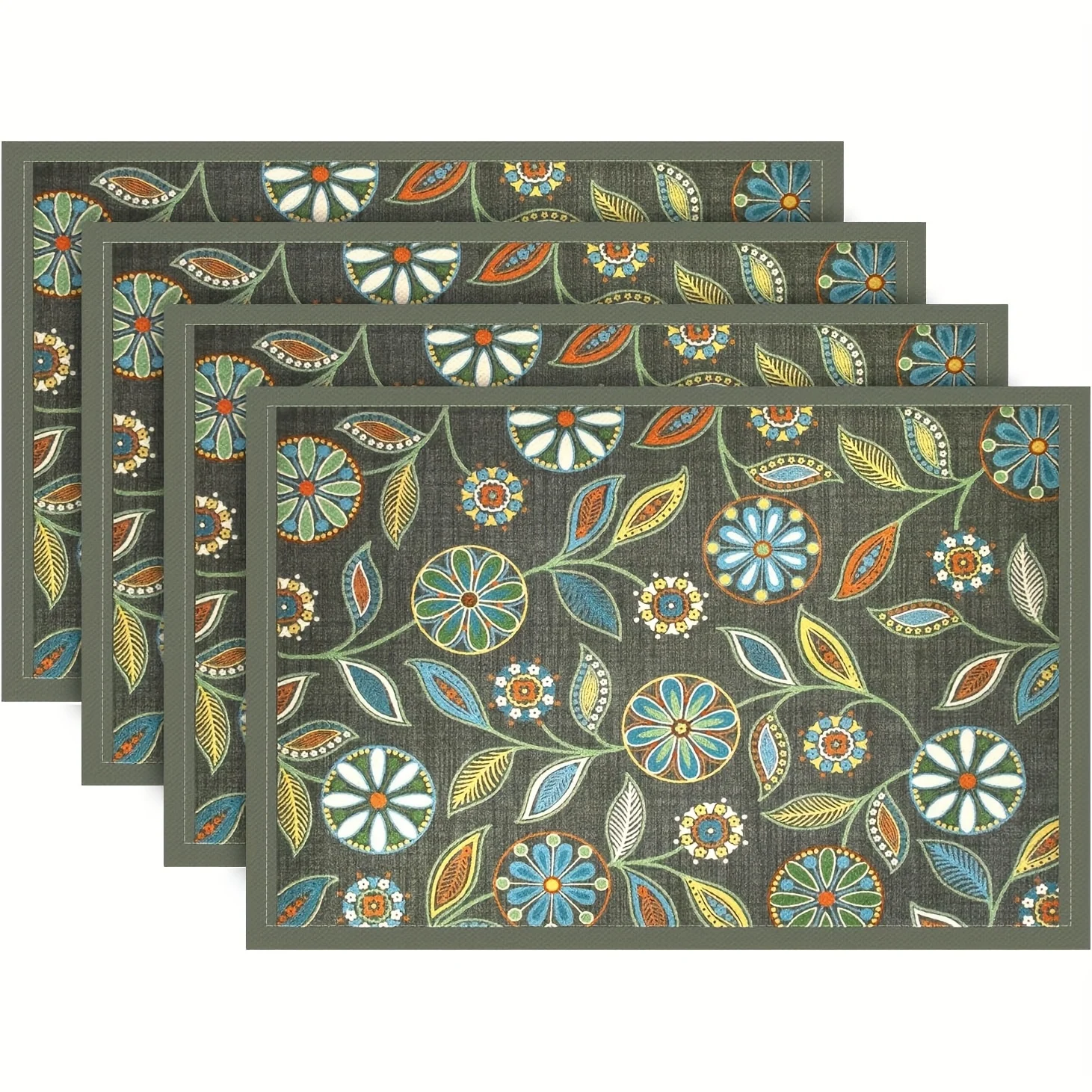 4/6/8pc Boho Ethnic Floral Pattern Linen Placemats Colorful Leaves Kitchen Dining Table Decor Washable Heat Resistant Non Slip